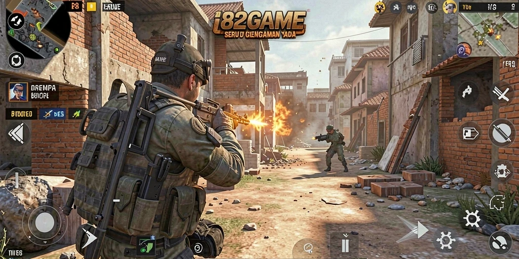 Tangkapan layar utama 182GAME menampilkan aksi menembak yang intens.