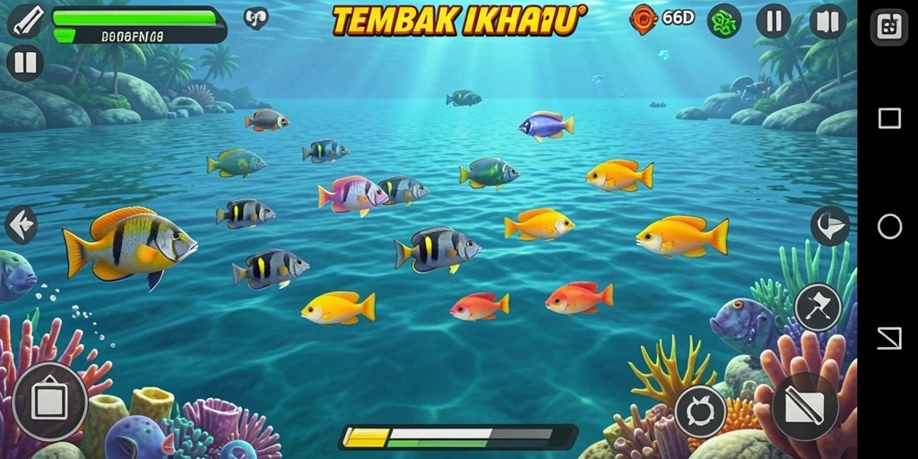 Tampilan gameplay 66D dengan aksi menembak ikan yang seru.