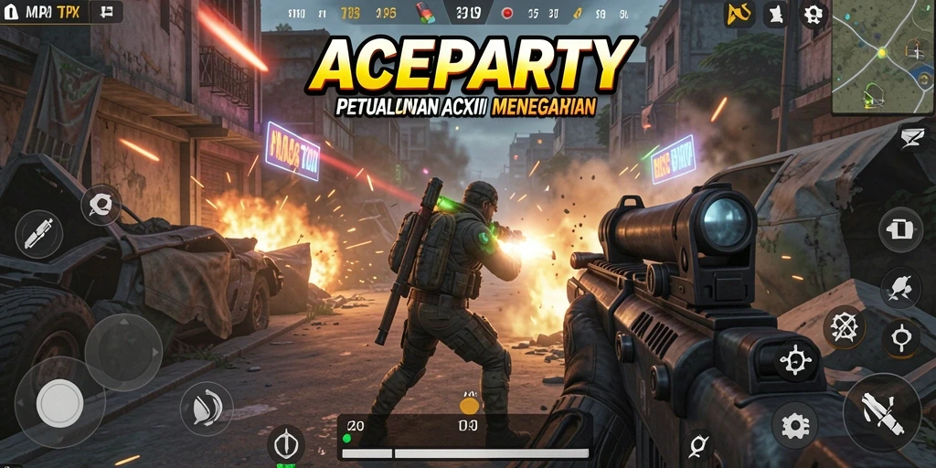 Screenshot utama menunjukkan aksi tembak-menembak seru di ACEPARTY.