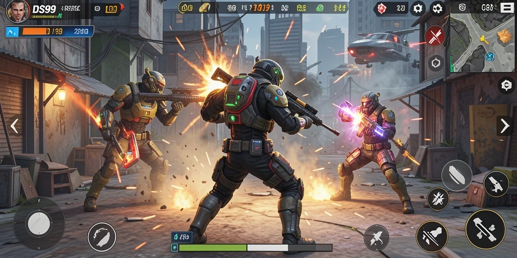 Screenshot utama DS99 menampilkan aksi intens di arena Battle Royale.