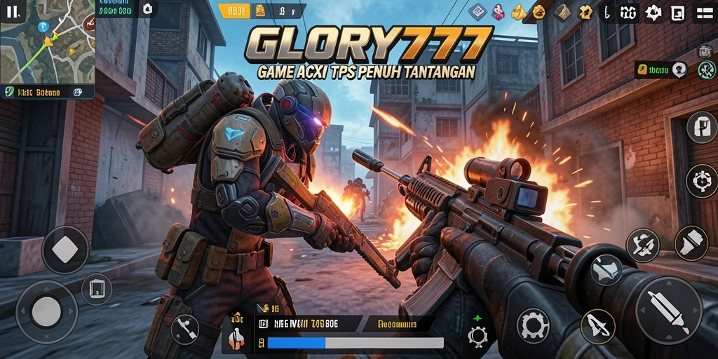 Screenshot gameplay GLORY777 menunjukkan aksi seru dalam pertempuran TPS.