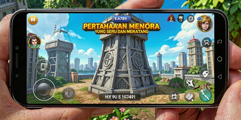 Tangkapan layar utama dari gameplay KA789 yang menampilkan menara-dan musuh.