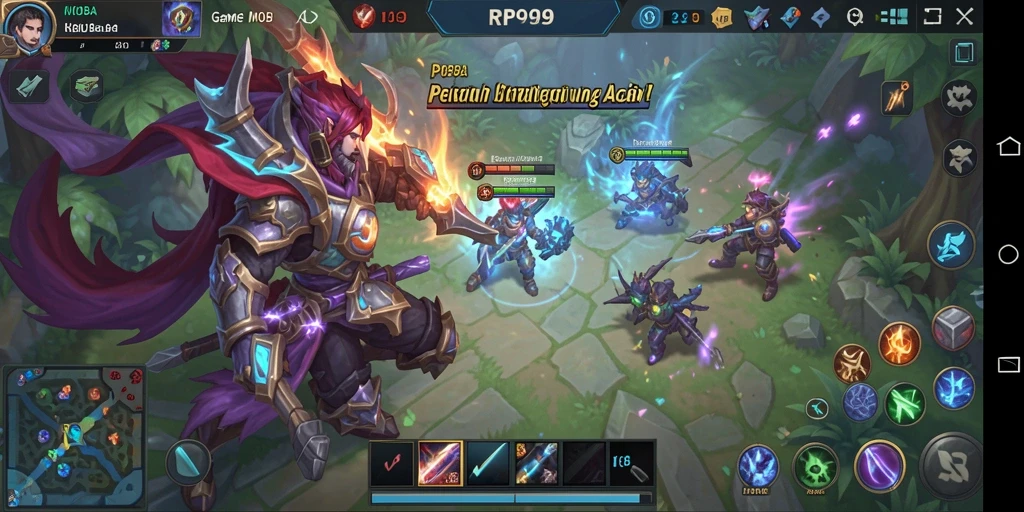 Tangkapan layar gameplay RP99 menampilkan aksi epik dalam pertempuran MOBA.